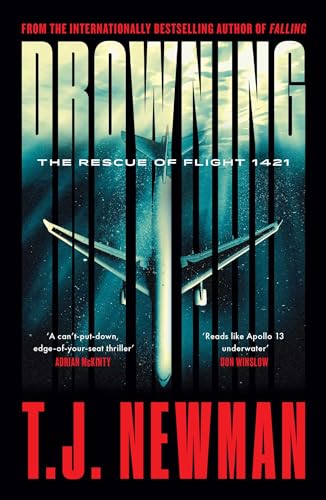 Book cover: "Drowning" depicts an airplane plummeting into stormy ocean waters.