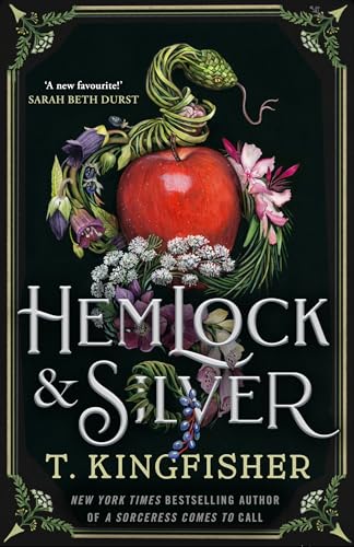 Book cover featuring a red apple, a green snake, and flowers on black background.