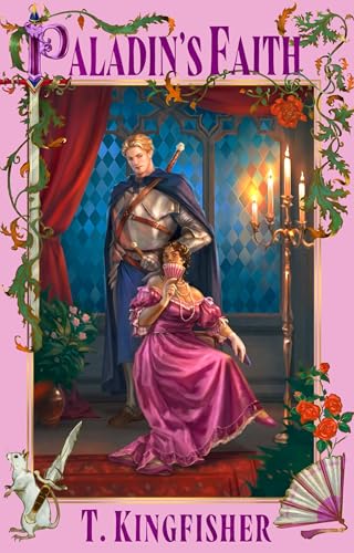 A knight in armor stands behind a woman in a pink dress holding a fan.