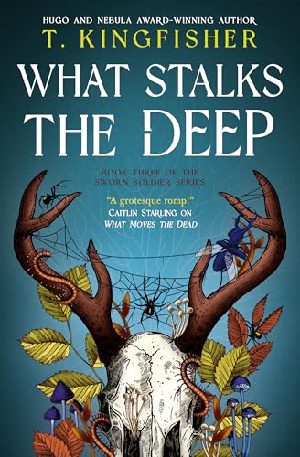 Book cover featuring a deer skull with antlers, insects, spiders, and mushrooms on blue.