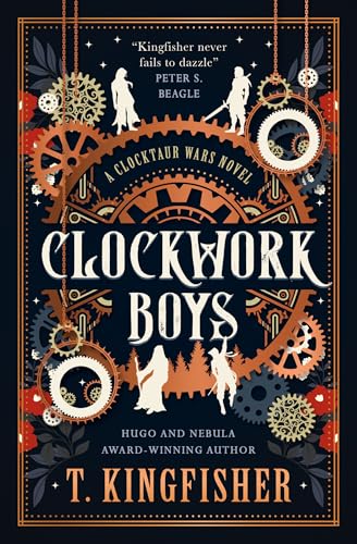 Book cover with gears, silhouettes of centaurs, and the title Clockwork Boys.