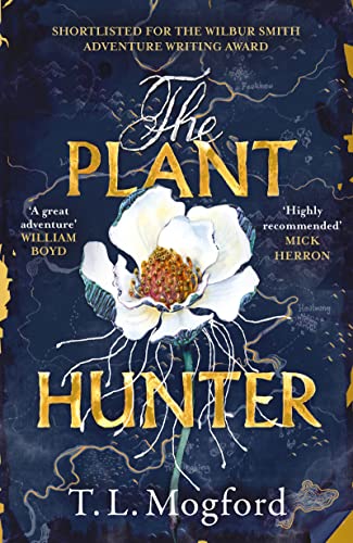 Book cover: "The Plant Hunter" with a large white flower illustration.