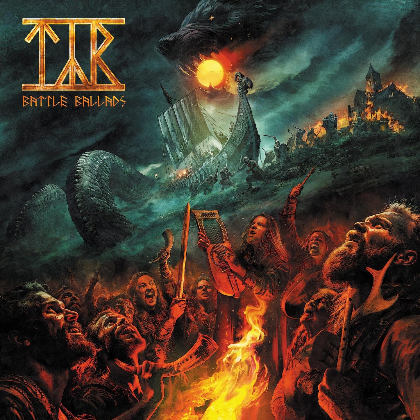 T?r album cover: Viking ship, warriors, and a fiery, dramatic landscape.