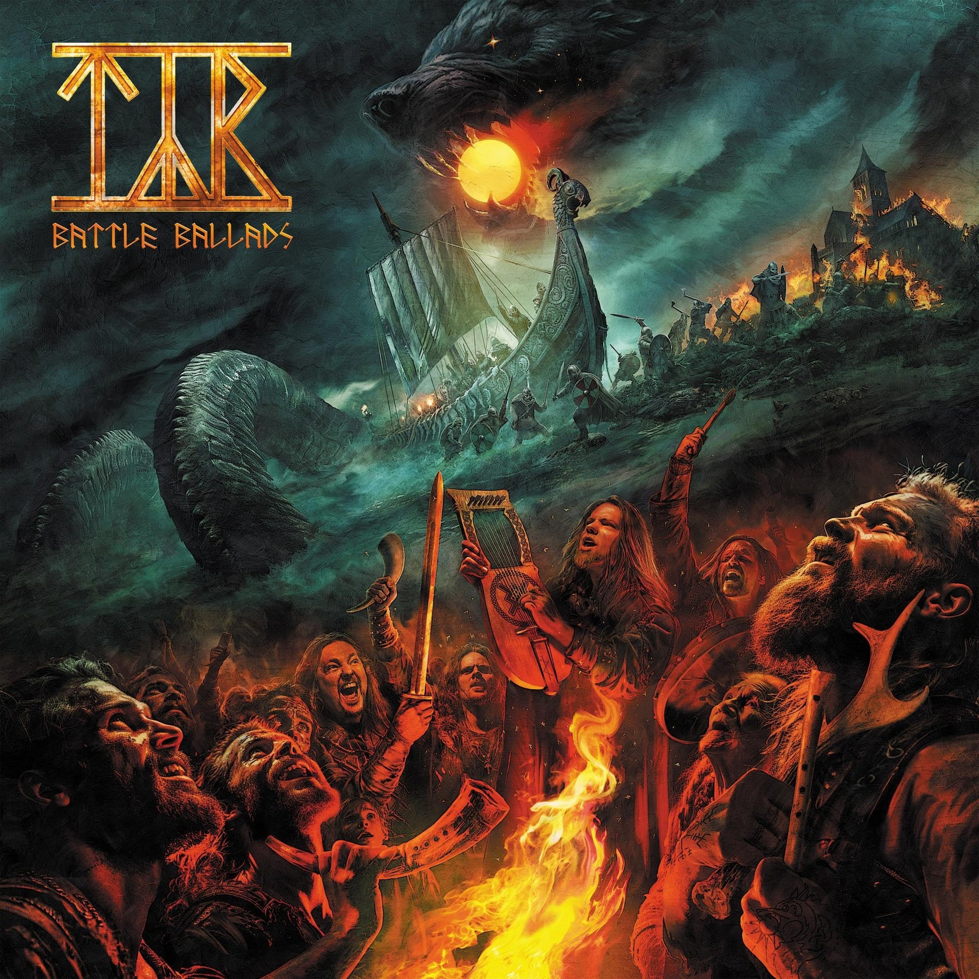 T?r album cover: Viking ship, warriors, and a fiery, dramatic landscape.
