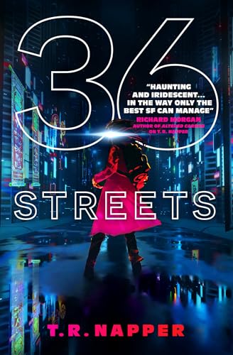 Book cover: “36 Streets” with a figure in a red coat, city lights.