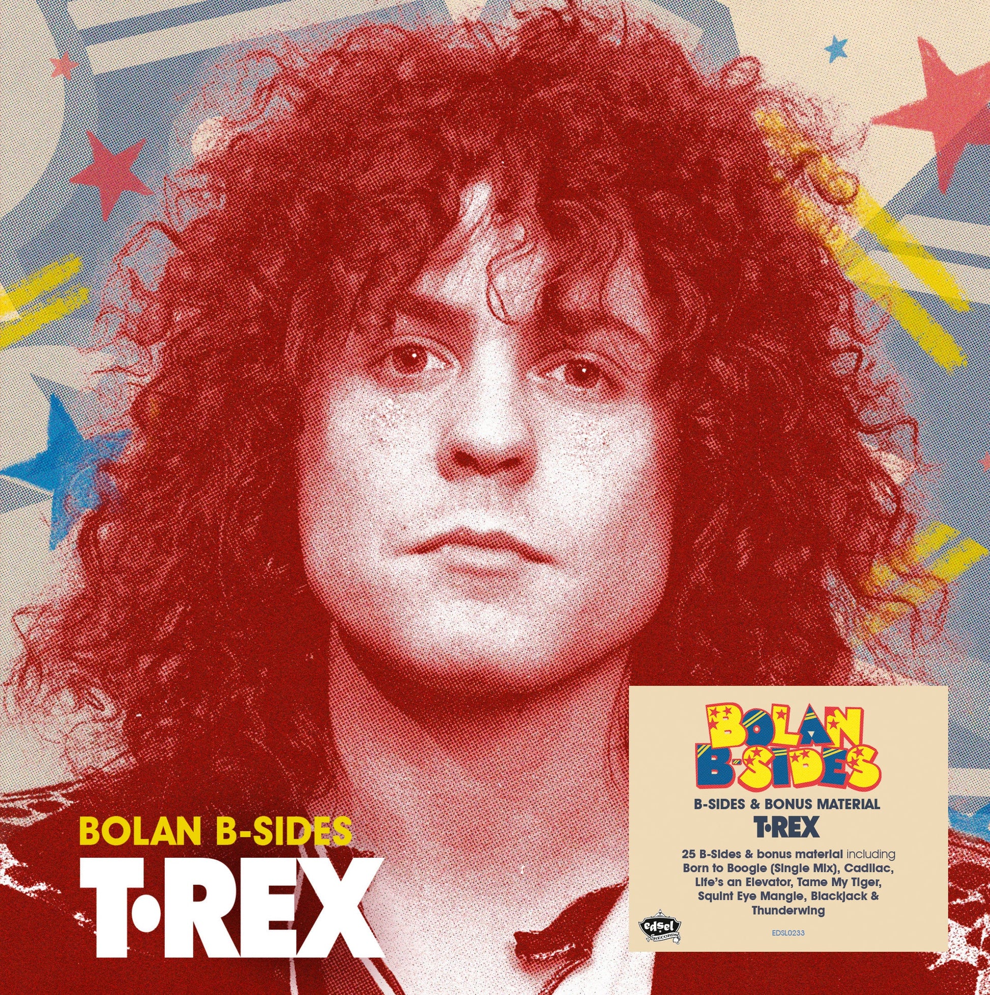 CD cover for T. Rex’s “Bolan B-Sides” featuring a portrait of Marc Bolan.