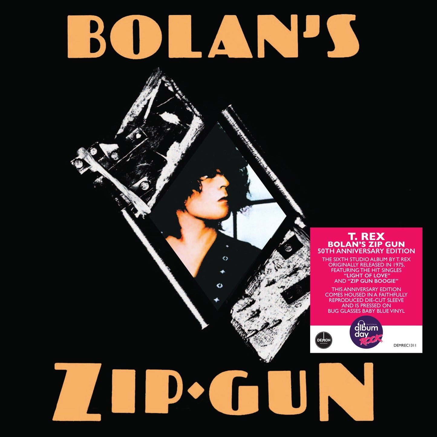 T. Rex "Zip Gun" baby blue vinyl record album cover with portrait.