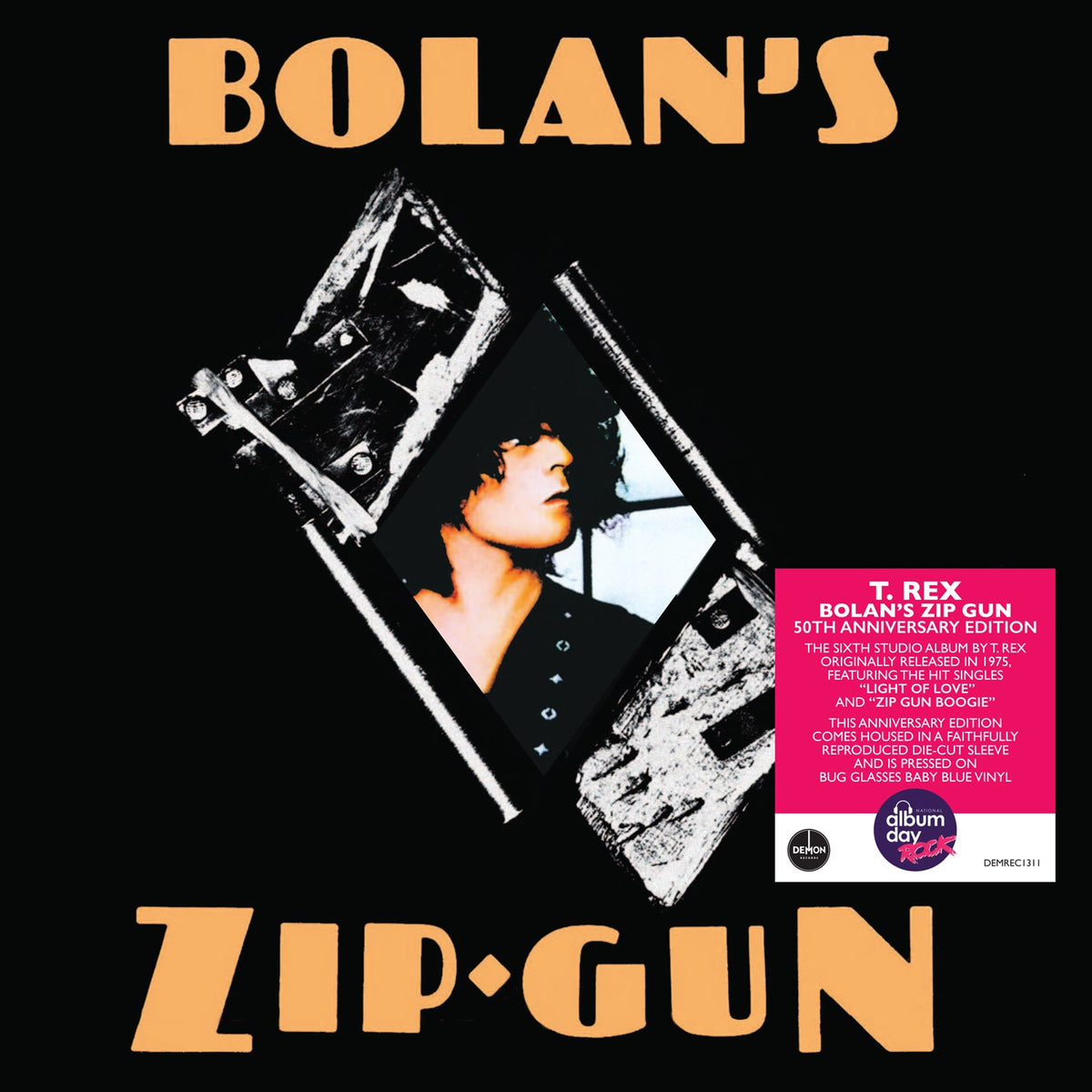 T. Rex "Zip Gun" baby blue vinyl record album cover with portrait.