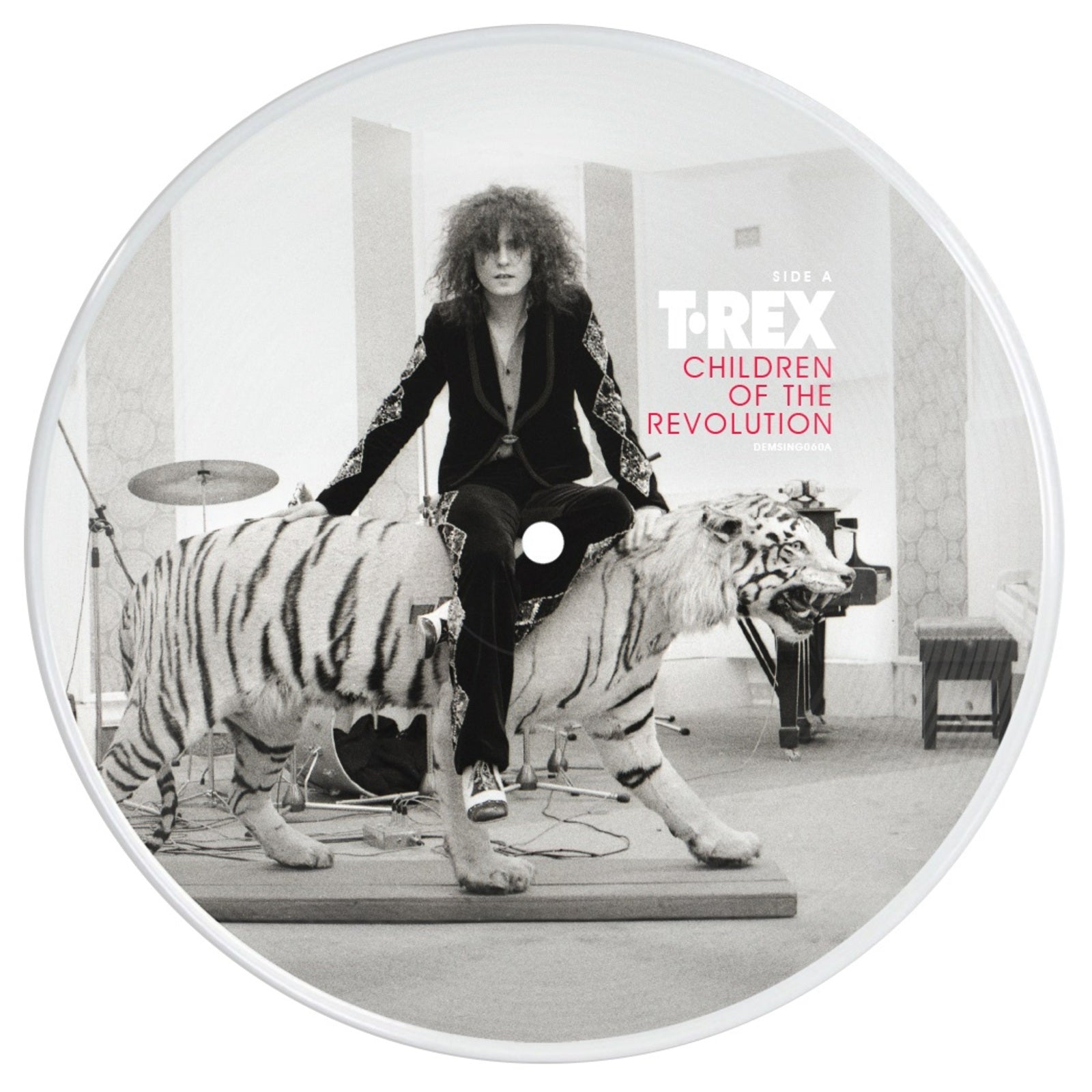 Black and white vinyl record label featuring a man on a tiger.