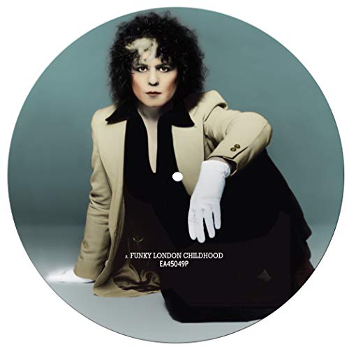 Marc Bolan wearing a tan jacket and white glove on a circular picture disc.