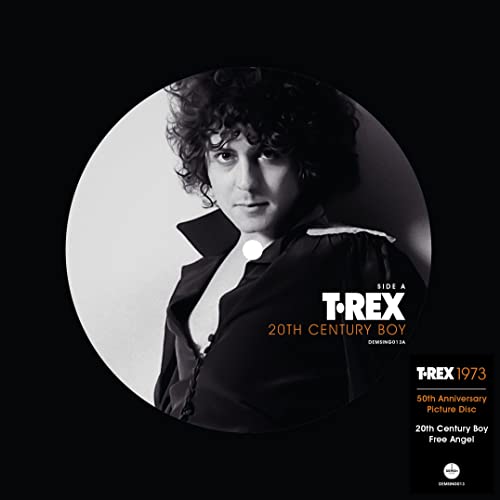 Circular picture disc featuring a black and white portrait of Marc Bolan.