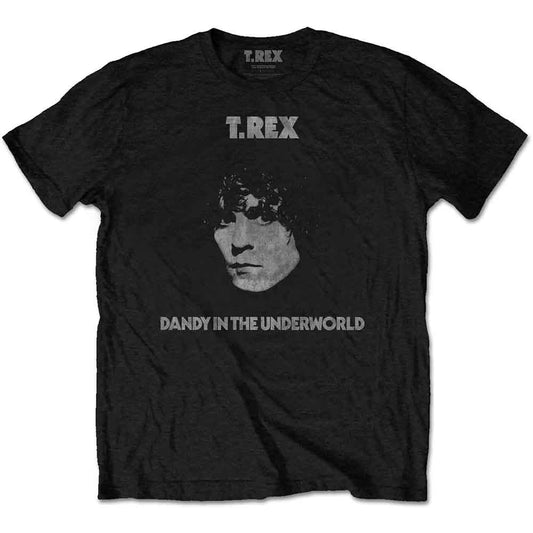 Black T-shirt with a portrait of Marc Bolan and "Dandy" text.
