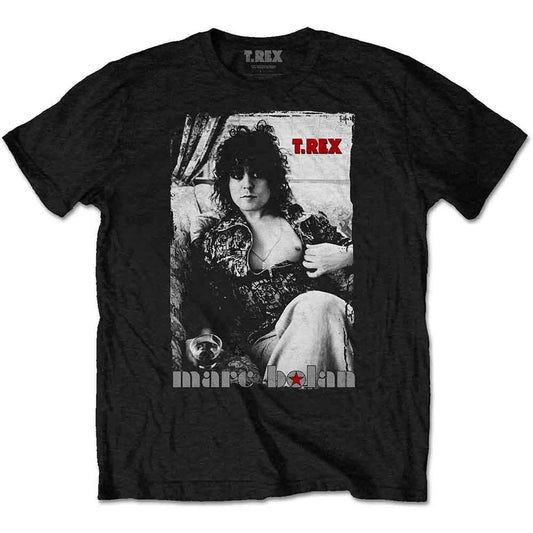 T-shirt with a small graphic of a Tyrannosaurus Rex near the nipples.