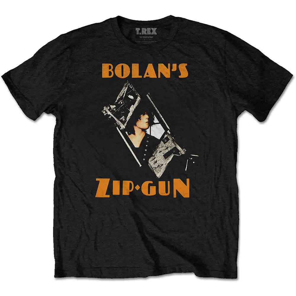 Black t-shirt with a graphic of a T-Rex holding a vintage zip gun.