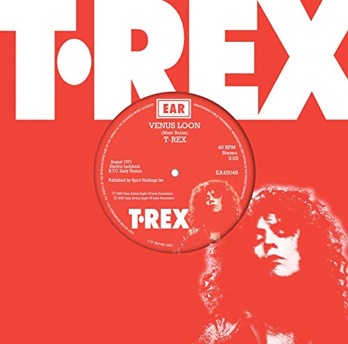T. Rex vinyl record label on a red background with Marc Bolan portrait.