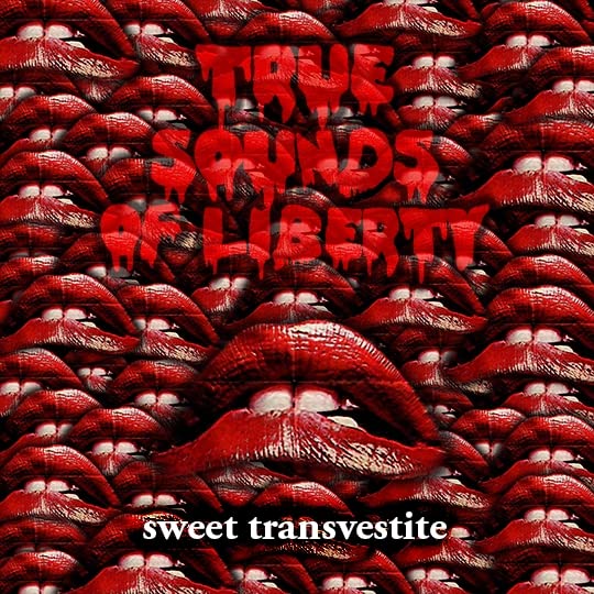 Record cover: repeating red lips with text “True Sounds of Liberty”.