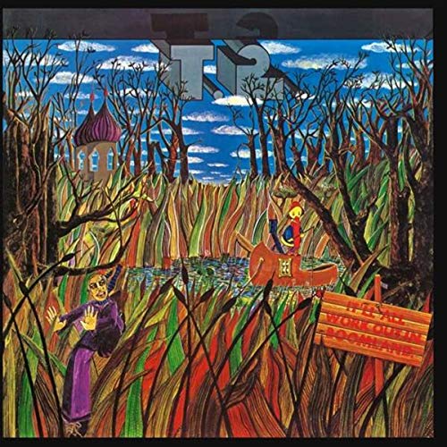 T2 album cover: colorful, surreal landscape with figures and a church.