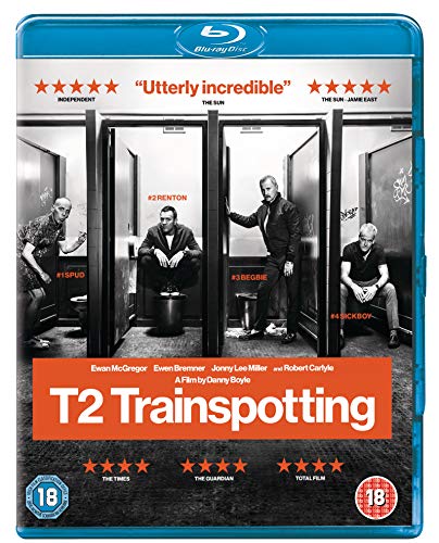 T2 Trainspotting Blu-ray cover with four men in public restroom stalls.