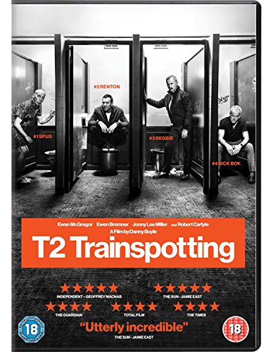 DVD cover for "T2 Trainspotting" featuring four men in a public restroom.
