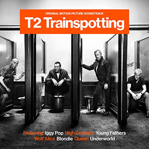 Four men in a public restroom on the T2 Trainspotting soundtrack album cover.