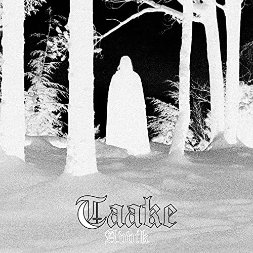 Black and white image of a hooded figure in a snowy forest.