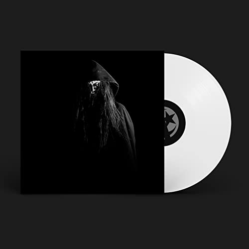 Vinyl record cover with a hooded figure and white disc side.