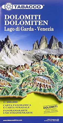 Road map of the Dolomites, Lake Garda, and Venice with mountain imagery.