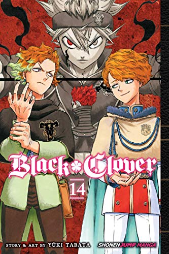 Manga cover of Black Clover volume 14 featuring Asta, Fuegoleon, and Leopold Vermillion.