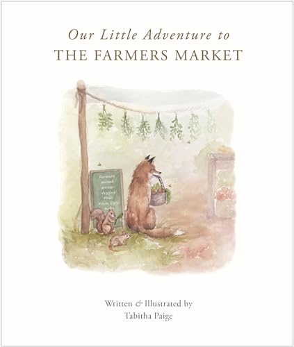 Watercolor illustration of a fox at a farmers market stall with a squirrel.