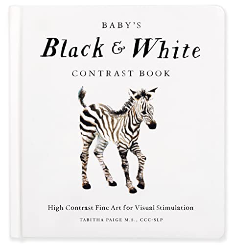 Book cover titled Baby's Black & White Contrast Book featuring a zebra illustration.
