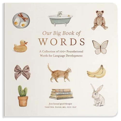 Book cover titled Our Big Book of Words with watercolor illustrations of common objects.