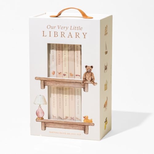 A white carrying case containing two shelves of small board books for children.