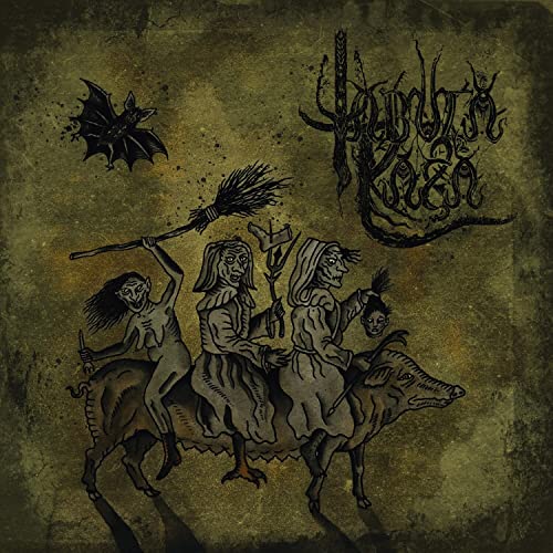 Dark illustration of witches riding animals with brooms and a bat.