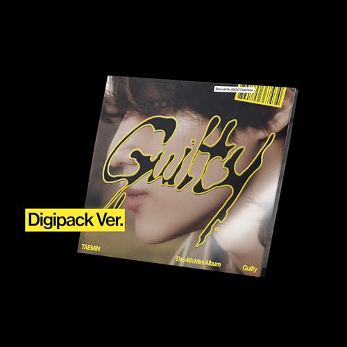 Taemin Guilty album cover featuring a close-up portrait with stylized yellow text overlay.