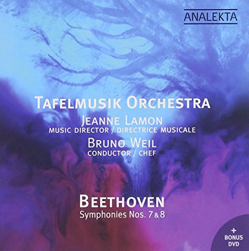 A CD cover featuring Beethoven's Symphonies Nos. 7 & 8, with abstract blue and pink background.