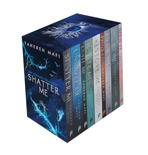 Box set of six blue and gray "Shatter Me" novels by Tahereh Mafi.
