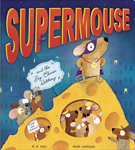 Supermouse, a caped mouse, stands on cheese with other mice below.