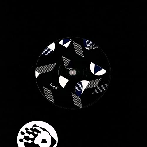Black vinyl record with geometric white and blue pattern, centered label.