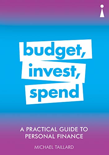 Book cover with stacked white text: "budget, invest, spend" on blue gradient.