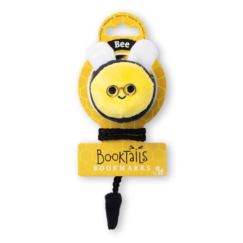 Yellow plush bee-shaped bookmark with black cord and branded tag.