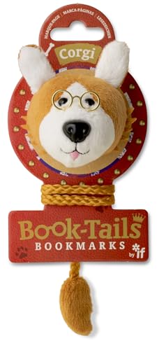 Plush Corgi head bookmark with glasses on a red cardboard backing.