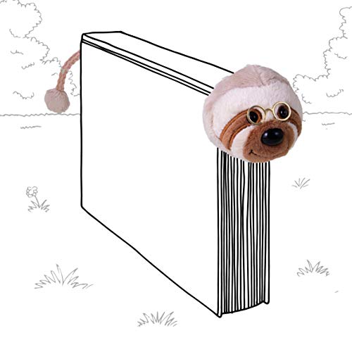 A plush sloth bookmark with glasses peeking out from a line-drawn book.