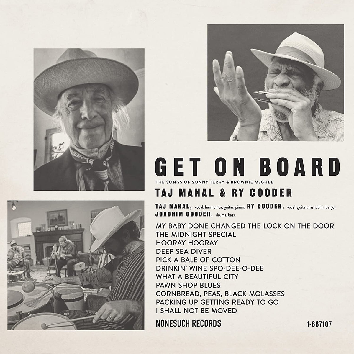 Album cover for Get On Board by Taj Mahal and Ry Cooder with tracklist.