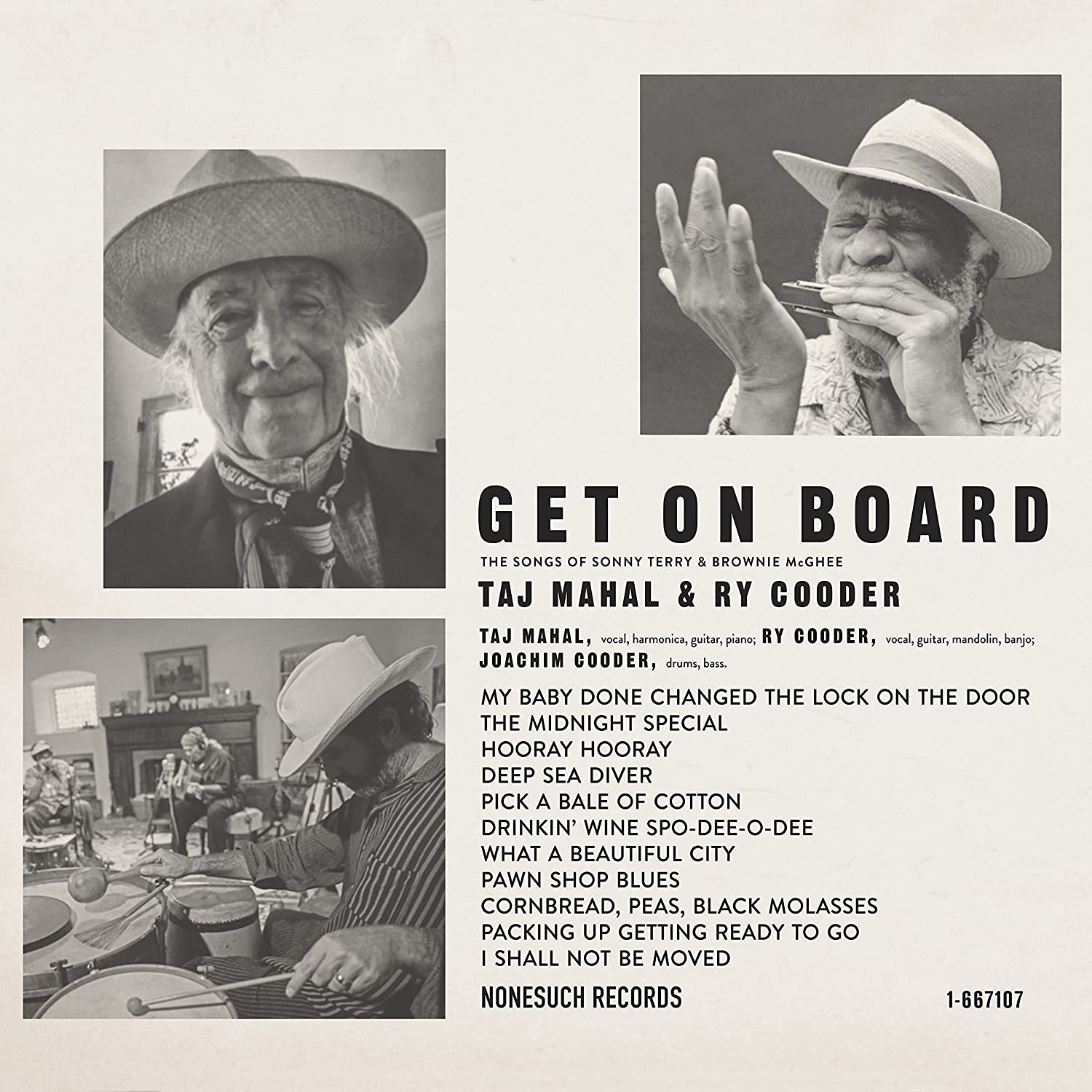 Album cover for Get On Board by Taj Mahal and Ry Cooder with tracklist.