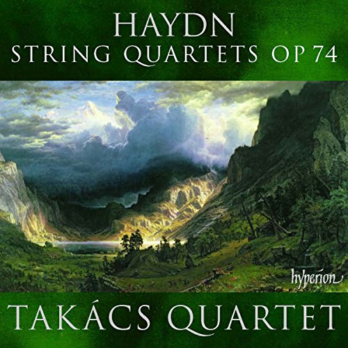 Green CD cover with a mountain landscape and text: "Haydn String Quartets Op 74, Takács Quartet."