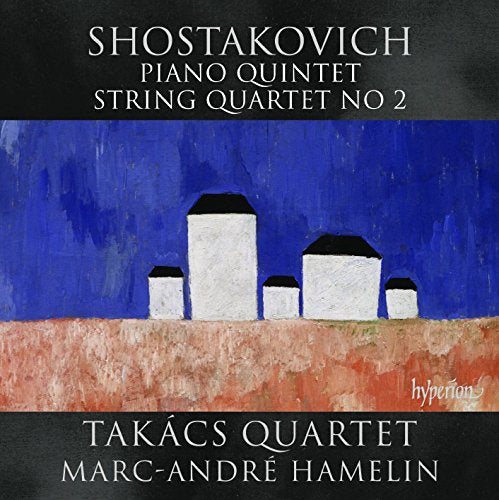 CD cover with abstract blue and red landscape, Shostakovich music details.