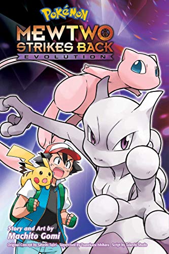 Pokémon manga cover featuring Mewtwo, Ash, and Pikachu in action.