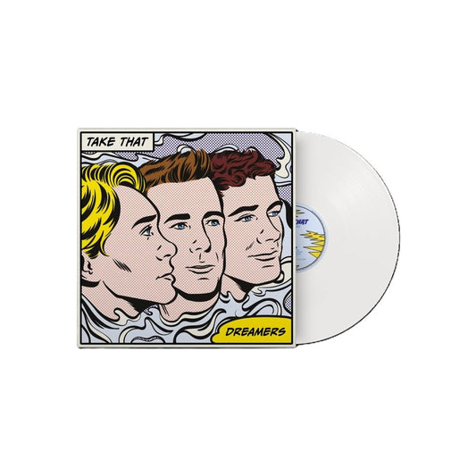 White vinyl LP of Take That’s “Dreamers” with comic-style cover art.