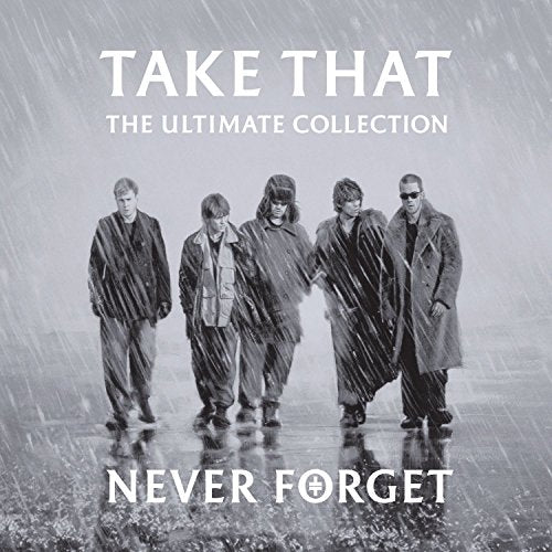 Five men walking in the rain on the Take That album cover.