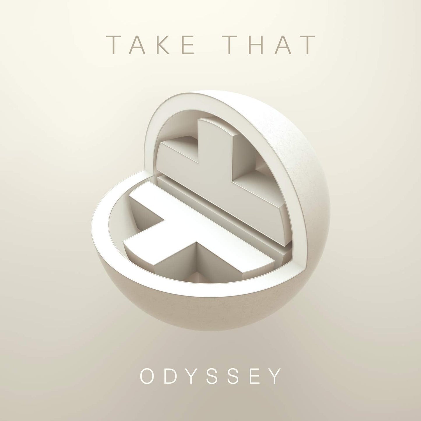 White 3D cross inside a sphere with "Take That" and "Odyssey" text.